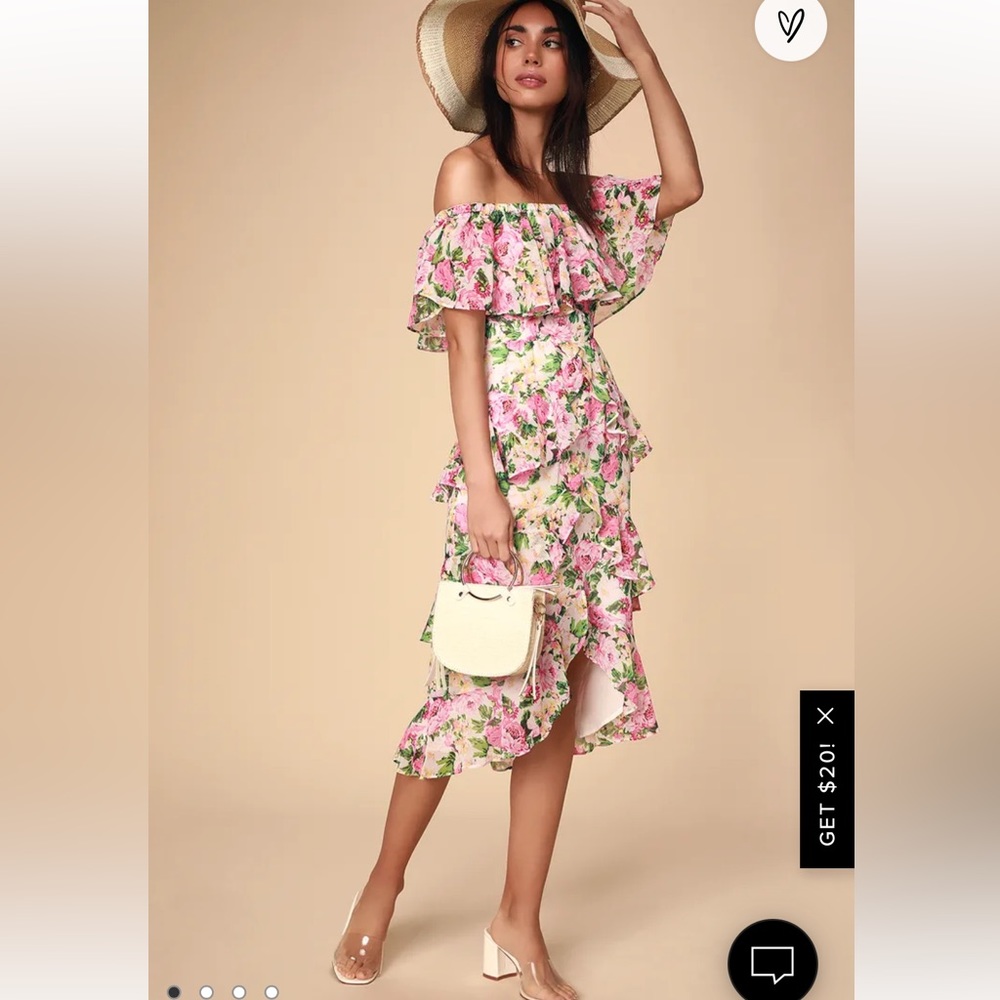 Floral Off-Shoulder Ruffle Midi Dress - Pink